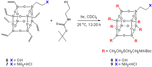 (BocNHCH2CH2SCH2CH2)7Si8O12(CH2CH2X)

8) X = OH
9) X = NH3Cl